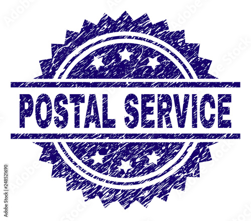 POSTAL SERVICE stamp seal watermark with distress style. Blue vector rubber print of POSTAL SERVICE tag with dirty texture.