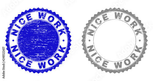Grunge NICE WORK watermarks isolated on a white background. Rosette seals with grunge texture in blue and grey colors. Vector rubber stamp imitation of NICE WORK text inside round rosette.