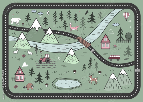 Cute Road Play Mat in Scandinavian Style. Vector River, Mountains and Woods Adventure Map with Houses, Wood, Field, and Animals.