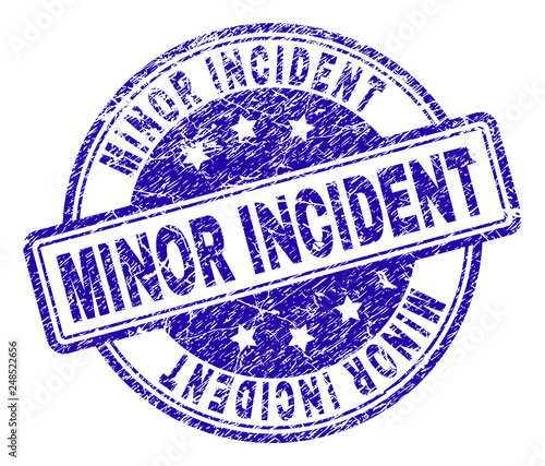 MINOR INCIDENT stamp seal imprint with grunge texture. Designed with rounded rectangles and circles. Blue vector rubber print of MINOR INCIDENT tag with dust texture.