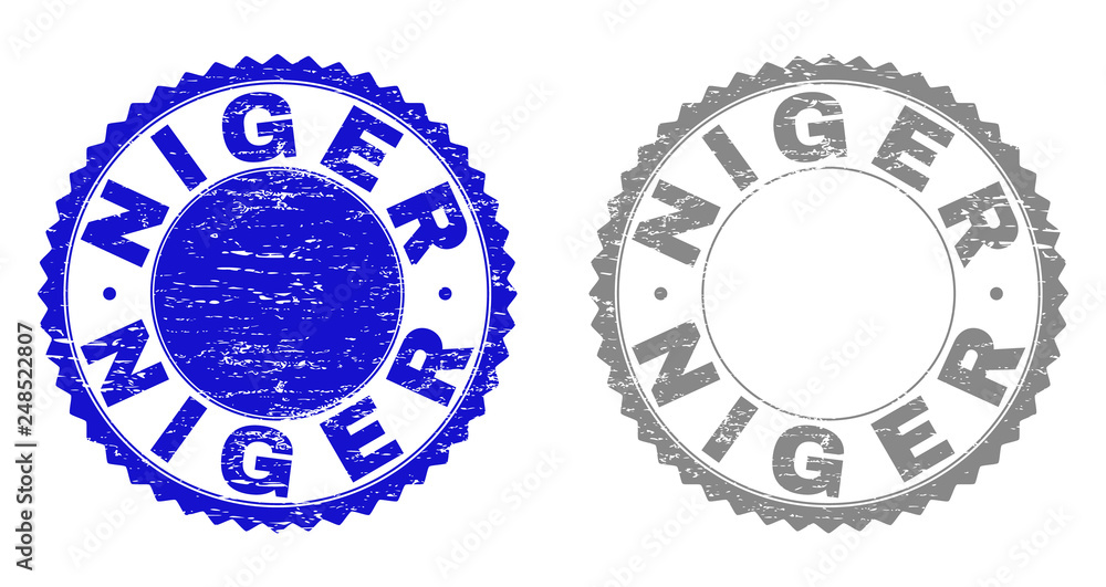 Grunge NIGER stamp seals isolated on a white background. Rosette seals with grunge texture in blue and gray colors. Vector rubber stamp imprint of NIGER title inside round rosette.