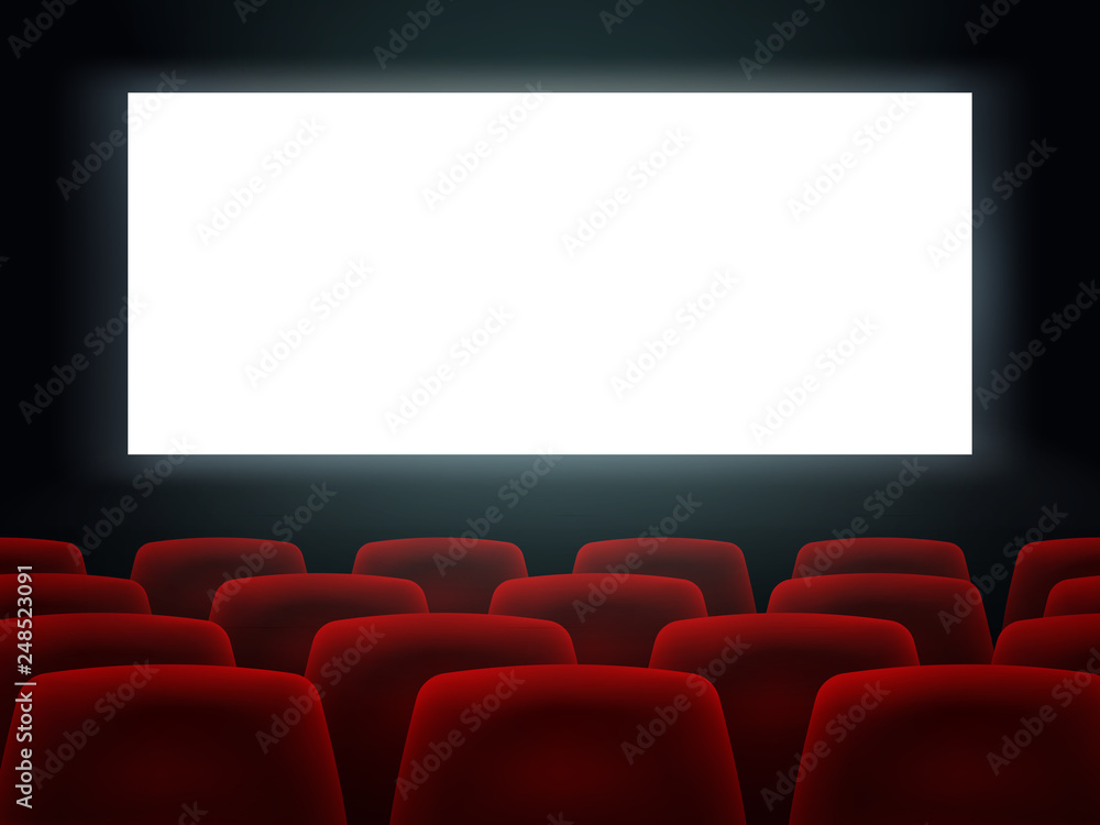 Cinema Hall With White Blank Screen And Red Rows Cinema Movie Theater Seats. Cinema Hall With White Blank Screen And Red Rows Cinema Movie Theater Seats.