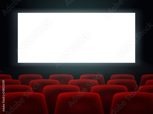 Cinema Hall With White Blank Screen And Red Rows Cinema Movie Theater Seats.