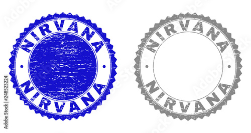 Grunge NIRVANA stamp seals isolated on a white background. Rosette seals with grunge texture in blue and grey colors. Vector rubber overlay of NIRVANA caption inside round rosette.