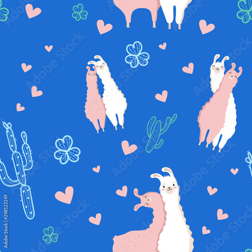 Modern Pattern Picture, Cartoon Creative Collage with Llama, cactus, flower, heart in white, pink and blue color. Vector illustration.