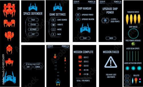Space ship video game vector pack. All screens and elements included