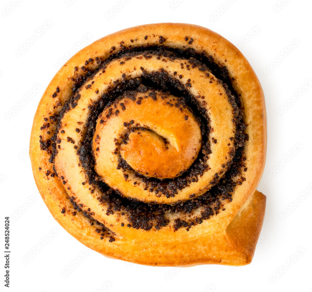 Fototapeta premium Bun with poppy seeds on a white. The form of the top.