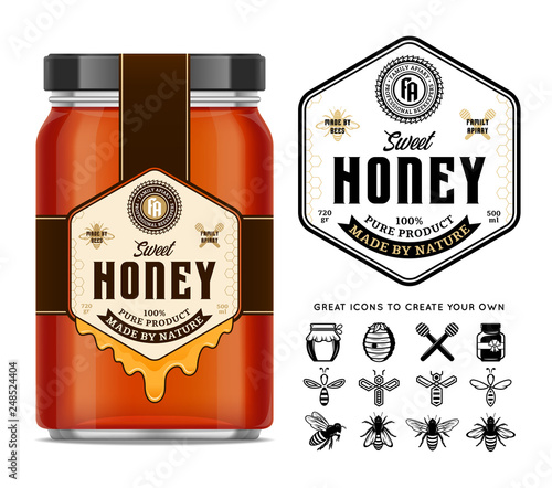 Honey glass jar mockup with label and icons