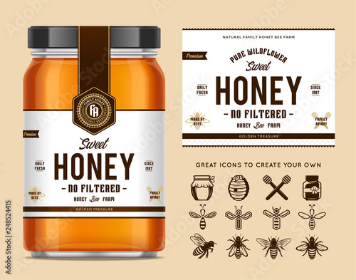 Honey glass jar mockup with label and icons