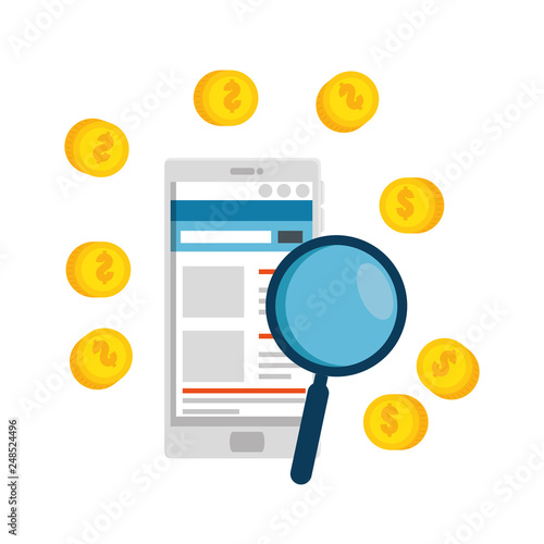 smartphone with coins and magnifying glass