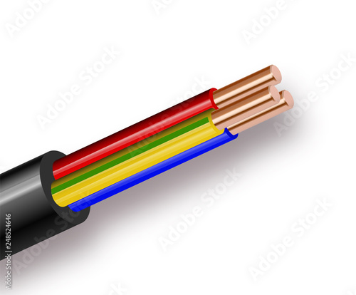 Flexible Three-wire electrical cable isolated on white background. Copper multicore cable in color insulation. Close-up of the cross section.