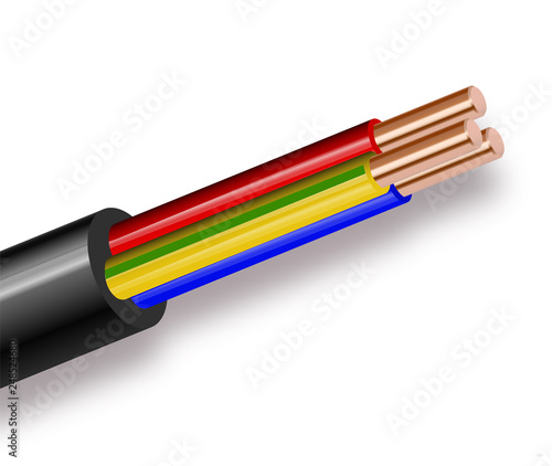 Flexible Three-wire electrical cable isolated on white background. Copper multicore cable in color insulation. Close-up of the cross section.