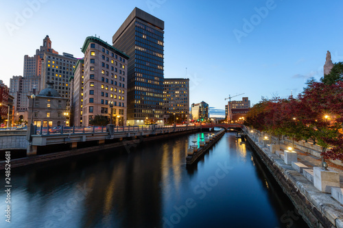 Providence, Rhode Island, United States - October 25, 2018: Scenic view of a beautiful modern downtown city during a colorful night after sunset.