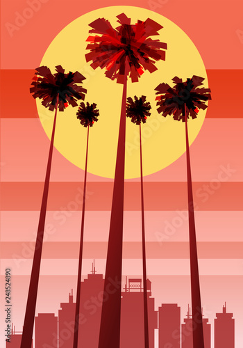 Summer beatiful sunset backgrounds with palms trees cityscape, sky horison. Vector illustration, isolated, template, baner, card, poster