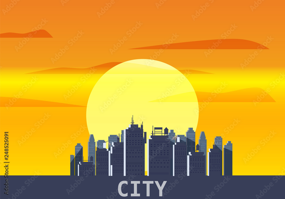 City megapolis sunset, cityscape, evening, skyline, silhouettes of skyscrapers. Vector, illustration, isolated, background, template, banner