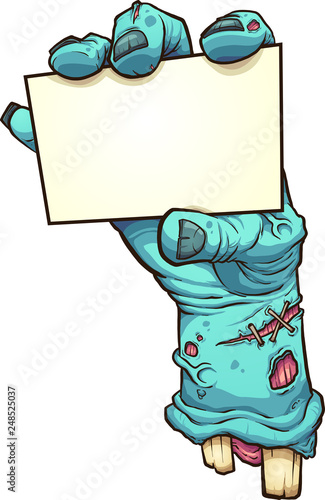 Cartoon severed zombie hand holding a blank card