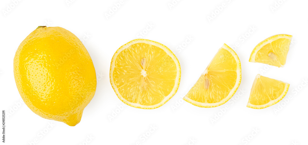 Set of lemon, slices, halves on a white. The form of the top.