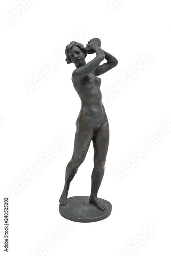 Bronze statue of a woman. On a white background.
