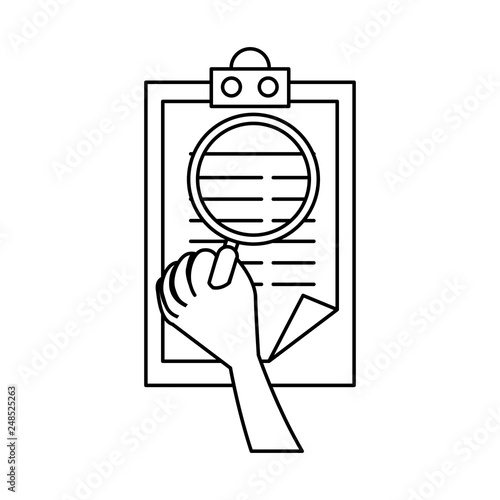 clipboard with hand using magnifying glass