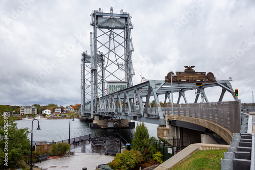 Portsmouth, New Hampshire, United States - October 24, 2018: Memorial Bridge over the river during a cloudy day.
