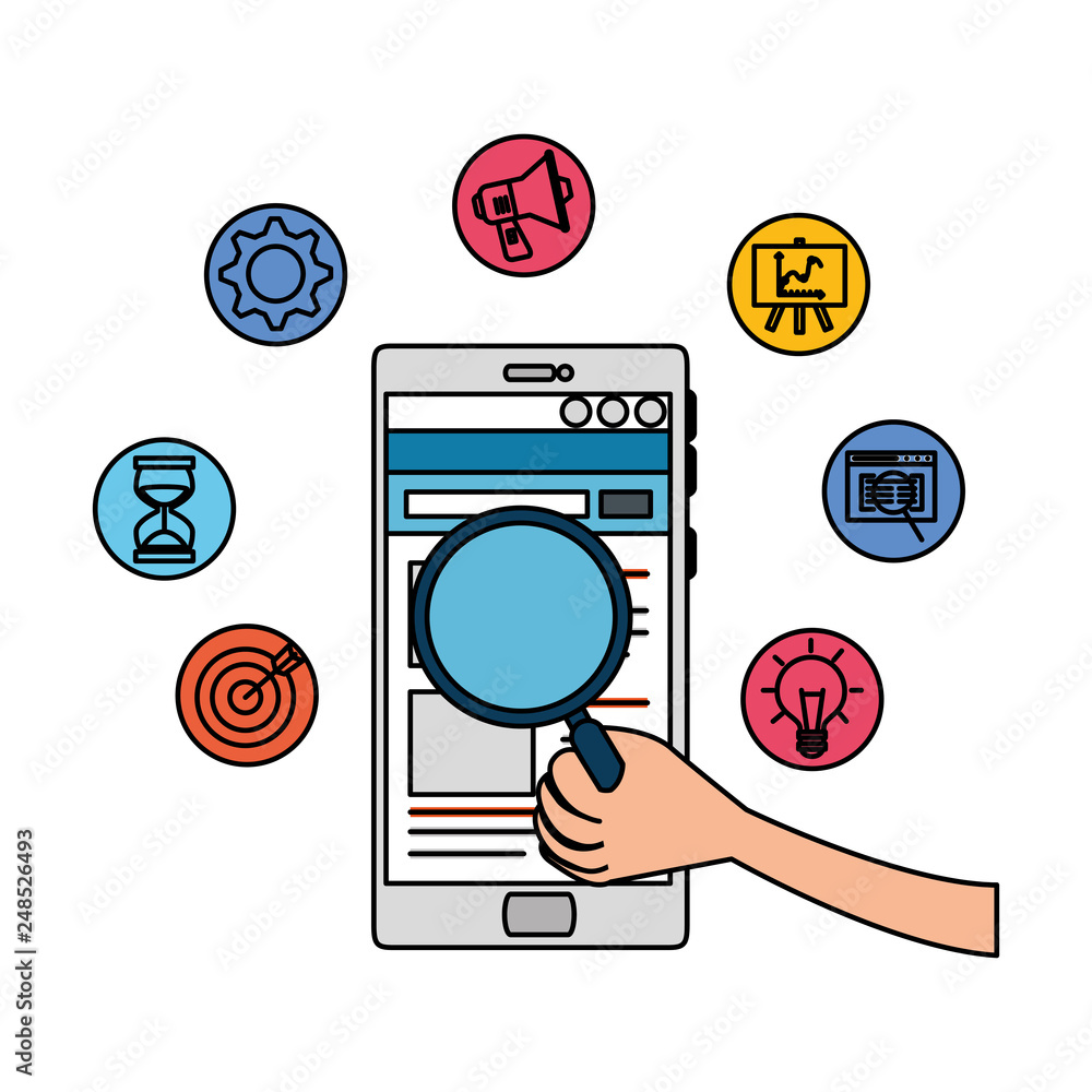 smartphone with magnifying glass and business icons smartphone with magnifying glass and business icons