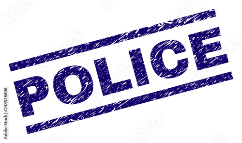 POLICE seal print with grunge style. Blue vector rubber print of POLICE caption with grunge texture. Text tag is placed between parallel lines.