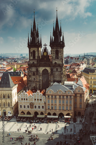View from the Town Hall on Prague Old Town Square and Church of Mother of God in the Old Town quarter of Prague. Czech Republic.