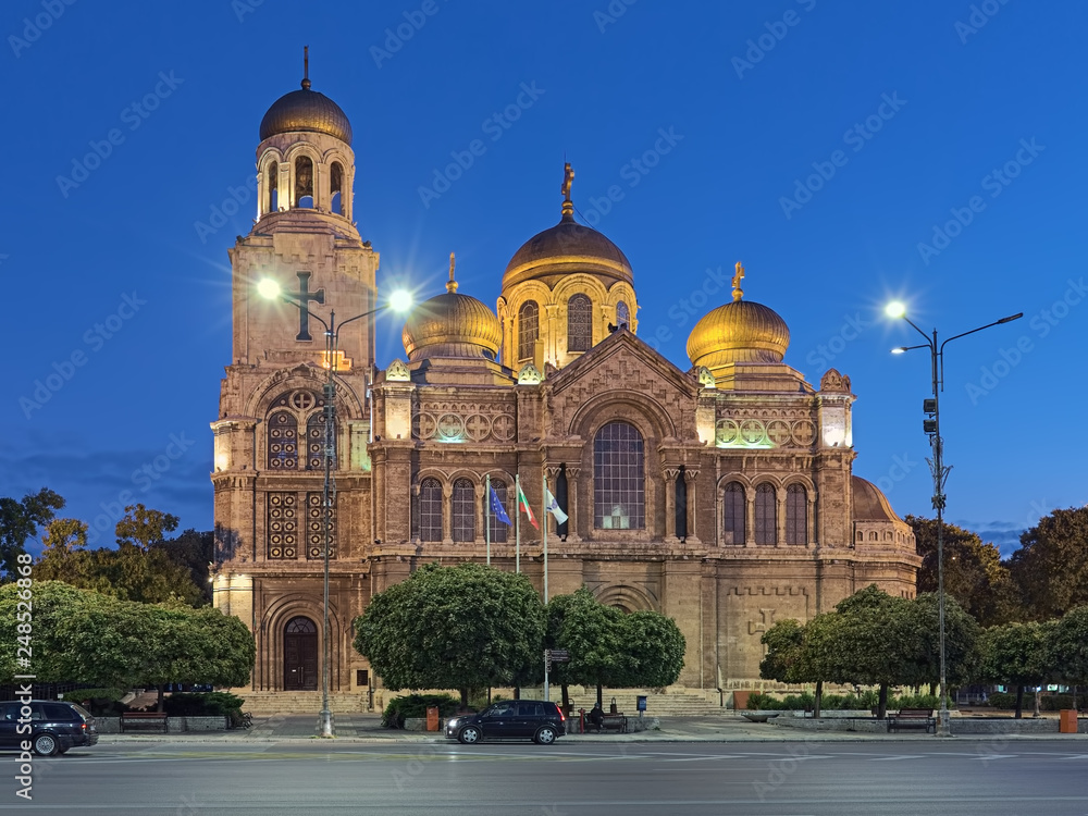 Cathedral of the Dormition of the Mother of God in Varna at dawn, Bulgaria. The cathedral was built in 1880-1886.