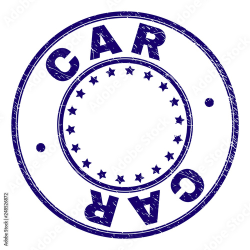 CAR stamp seal watermark with grunge texture. Designed with round shapes and stars. Blue vector rubber print of CAR tag with grunge texture.