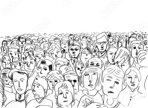Black and white contour of a crowd of people drawing a marker on a white background with a blank area on top.
