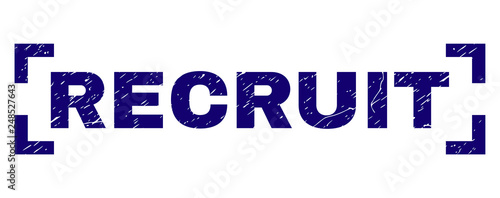 RECRUIT text seal print with distress texture. Text title is placed inside corners. Blue vector rubber print of RECRUIT with unclean texture.