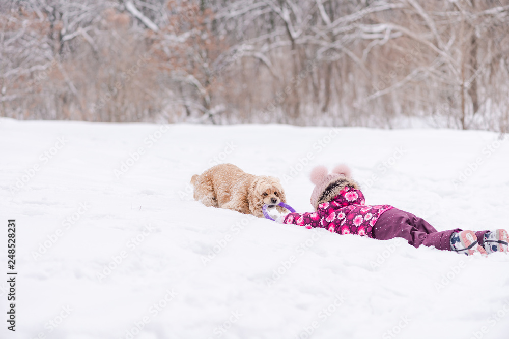 Toddler girl lay in snow and play with dog Toddler girl lay in snow and play with dog