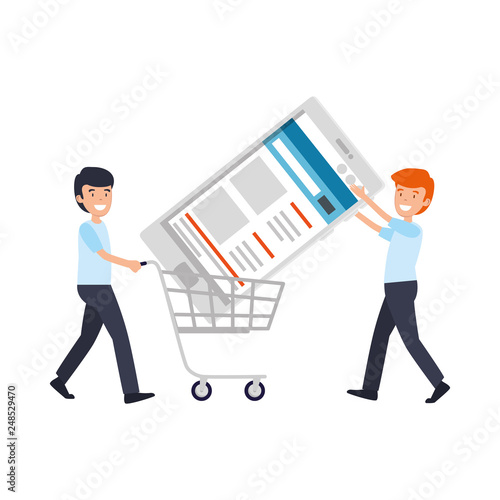 businessman with smartphone in shopping cart