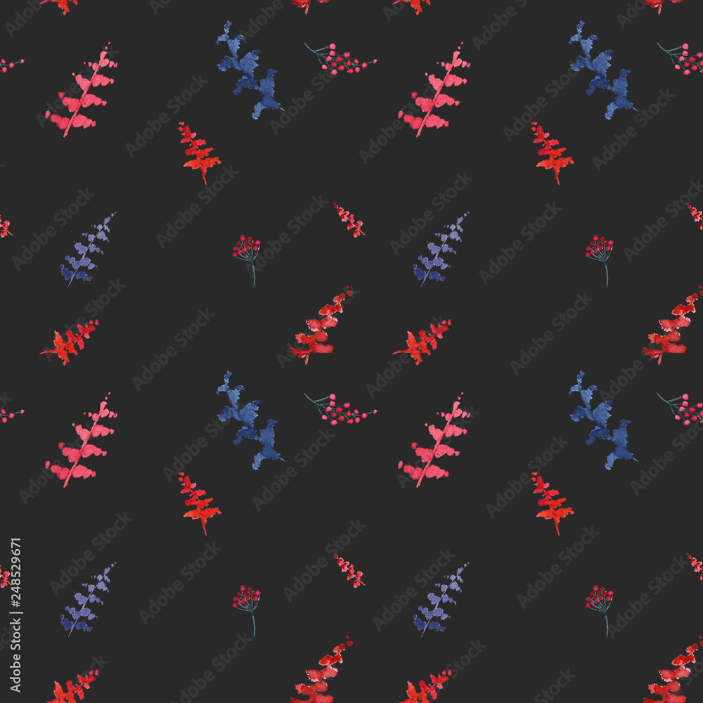 red and blue twigs with berries on a dark background. painted by hand in watercolor red and blue twigs with berries on a dark background. painted by hand in watercolor