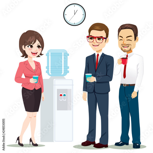 Business people at break time drinking water and coffee talking together standing near water dispenser machine