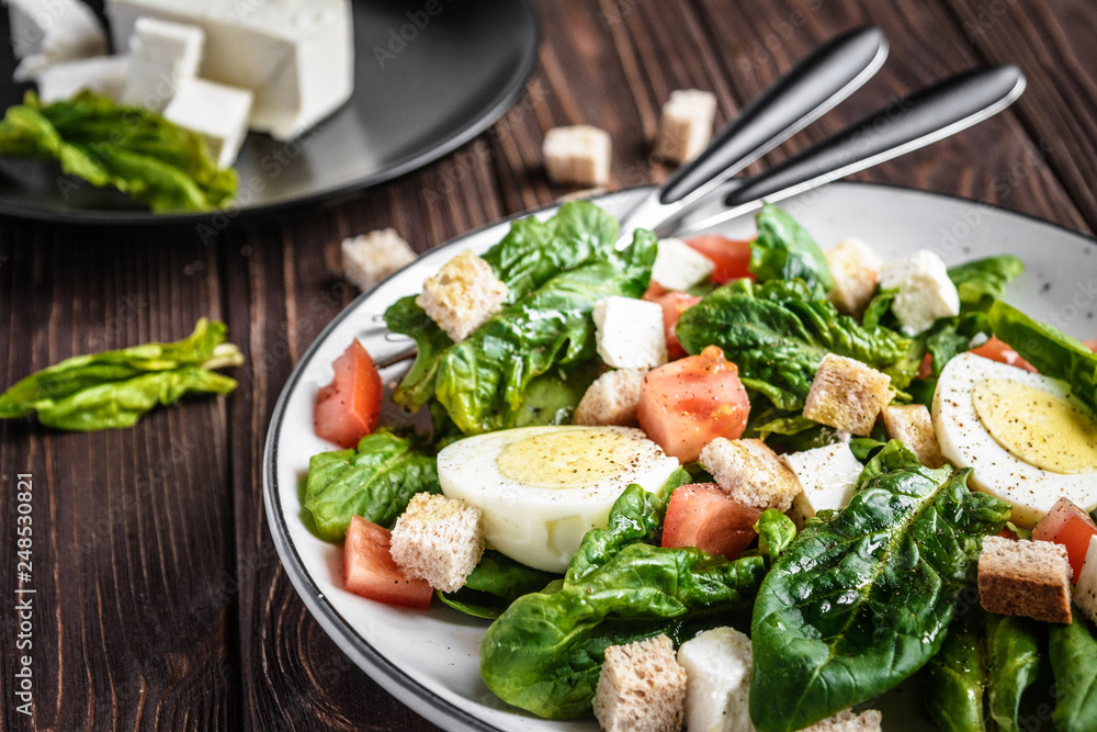 Fresh vegetable salad with tomatoes, spinach, bread crumbs, egg and feta. Healthy food. Dietary dinner or lunch menu. Salad plate on the table. Fresh vegetable salad with tomatoes, spinach, bread crumbs, egg and feta. Healthy food. Dietary dinner or lunch menu. Salad plate on the table.