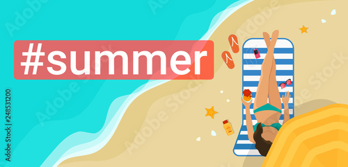 Hashtag summer concept flat vector illustration of woman sunbathing on the beach and relaxing under summer umbrella