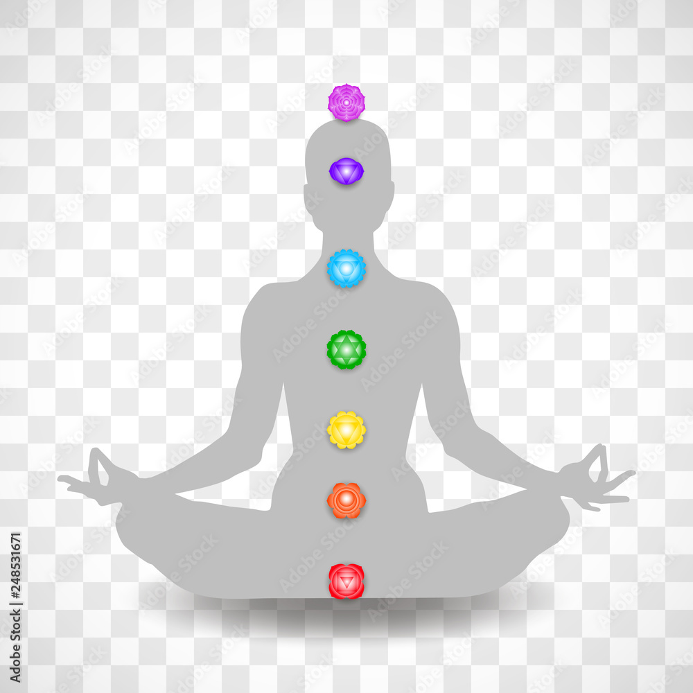 Human body in yoga lotus asana and seven chakras symbols isolated on ...