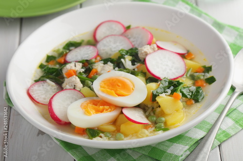 Spring soup with spinach, radish, and eggs