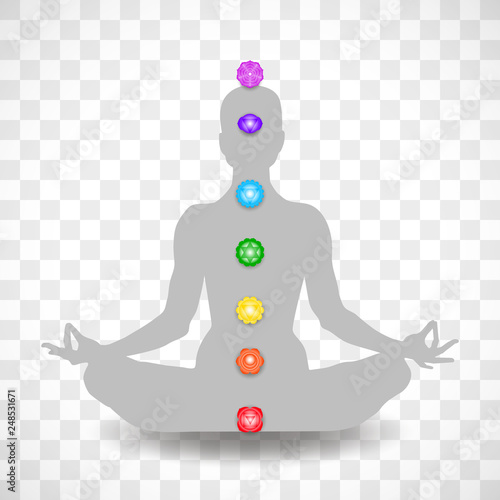 Human body in yoga lotus asana and seven chakras symbols isolated on transparent background