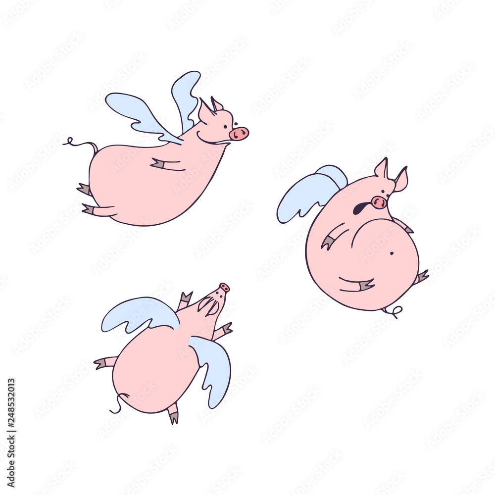 Vector set of funny flying cartoon pigs with wings. Pigs angels Vector set of funny flying cartoon pigs with wings. Pigs angels