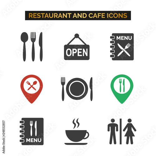Restaurant and cafe icons set on white background.