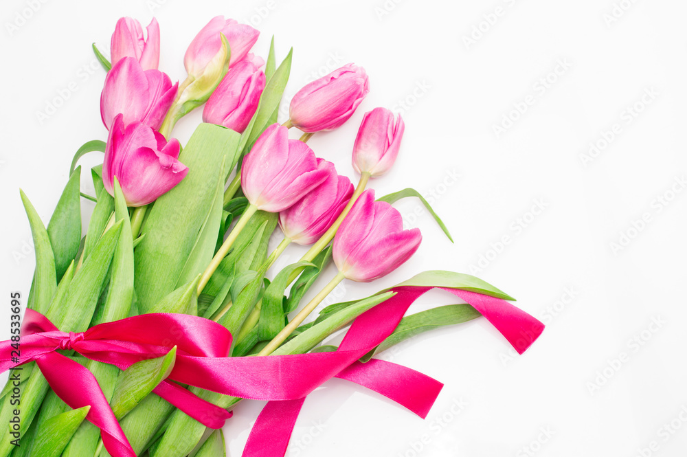 Pink tulips with pink ribbon on a white Pink tulips with pink ribbon on a white