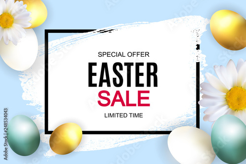 Happy Easter Cute Sale Poster  Background with Eggs. Vector Illustration