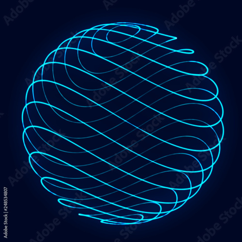Sphere with twist lines. Background for business event. Wireframe technology blue sphere. 3d rendering.