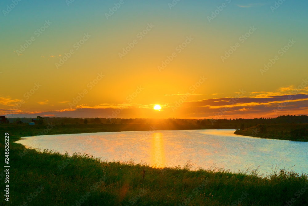Sunrise over the river. Kostroma, Russia.