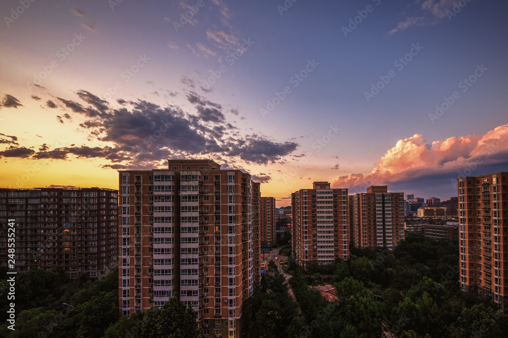 City Urban Apartment Buildings Residential District Sunset Sky Landscape Cityscape Asia Skyscrapers