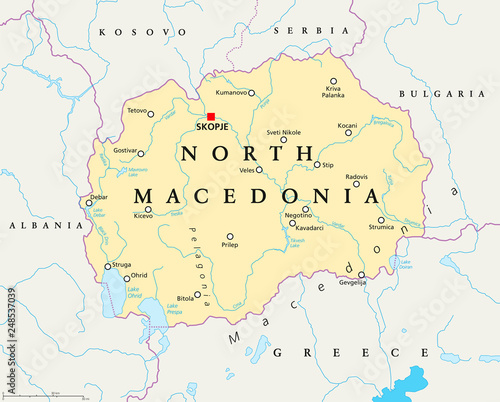 North Macedonia political map with capital Skopje  borders  important cities  rivers and lakes. Former Yugoslav Republic of Macedonia  renamed in February 2019. English labeling. Illustration. Vector.