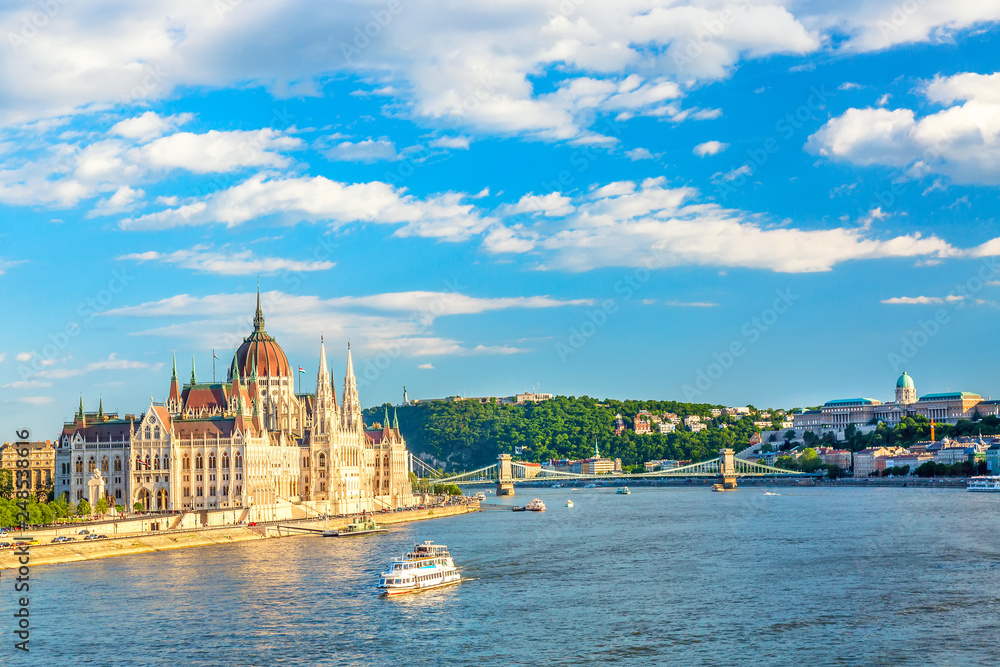 Parliament and riverside in Budapest Hungary with sightseeing ships during summer sunny day with blue sky and clouds. Travel and european tourism concept.