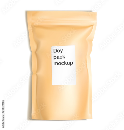 Paper doy pouch bag isolated on white background. Vector illustration. Front view. Can be use for template your design, presentation, promo, ad. EPS10.	